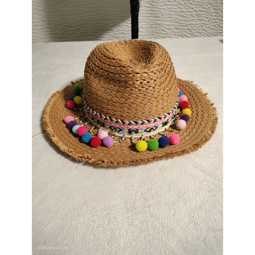 Vibrant Pom-Pom Straw Fedora Sun Hat with Fringed Brim